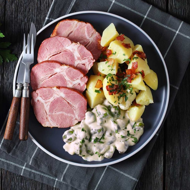 Porc Neck End with Broad Beans Baked Potatoes with Bacon