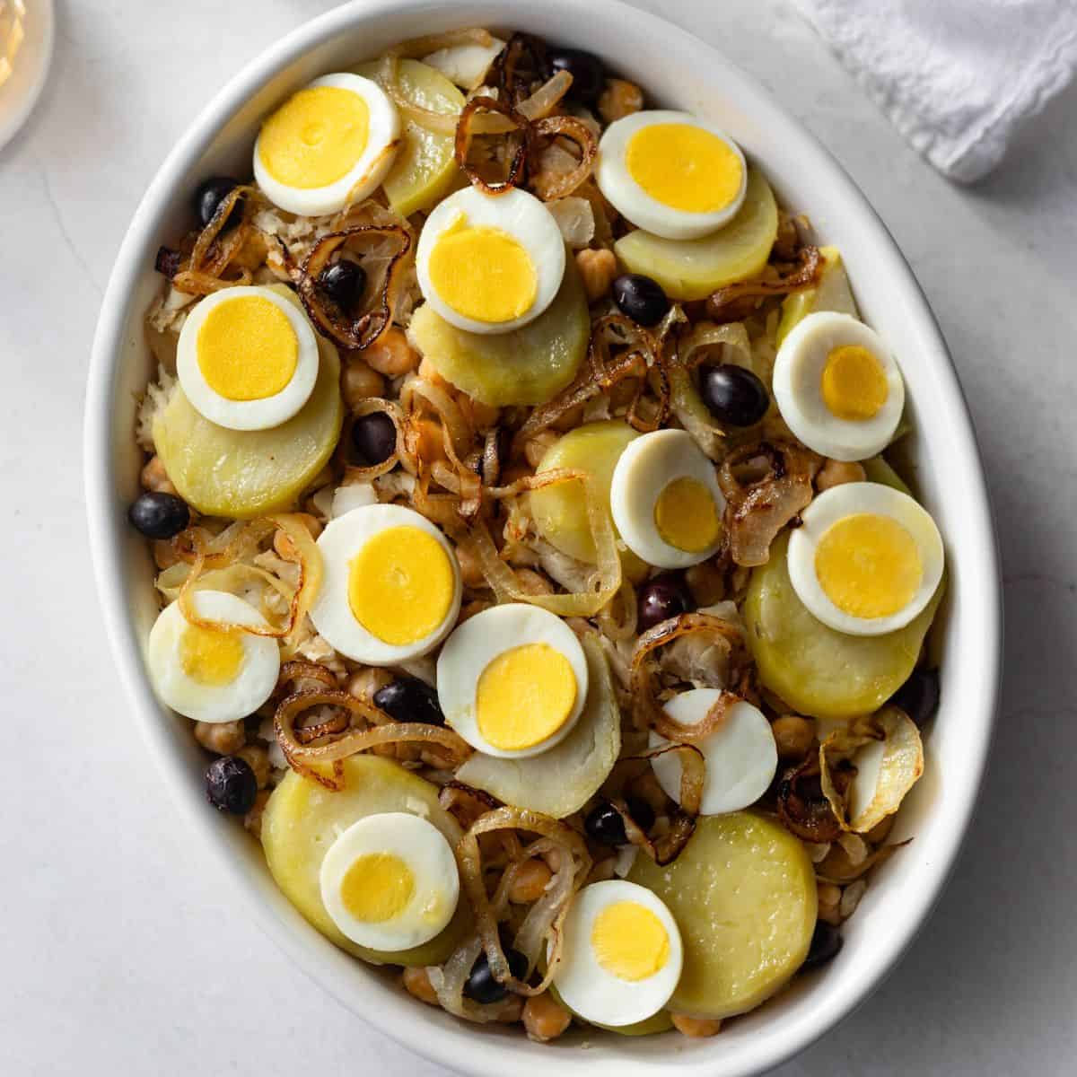 Salt Cod with Chickpeas, Cabbage and Boiled Egg